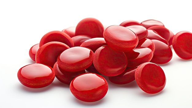 Photo un gros plan de comprimés médicaux rouges qui ressemblent à des globules sanguins