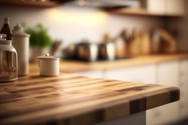 Gros plan sur un comptoir en bois dans la cuisine Generative AI