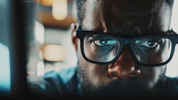 Un gros plan convaincant révèle le regard intense d'un homme à travers les lentilles réfléchissantes de ses lunettes.