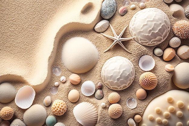 Gros plan de coquillages sur une plage de sable généré par AI