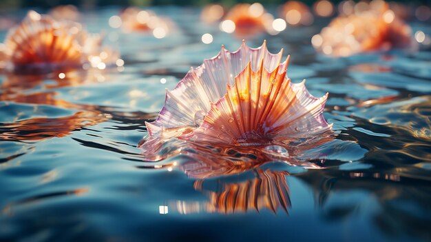 un gros plan d'une coquille de mer avec le reflet des pétales.