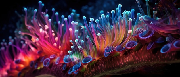 Un gros plan d'un corail avec un motif coloré de bleu, rose et vert.