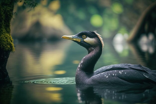 Gros plan d'un cormoran japonais en pleine nage sur un lac dans la forêt d'izumi Yamato Japon