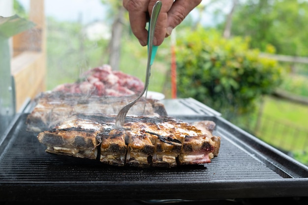 Gros plan de côtes de porc grillées dans le jardin