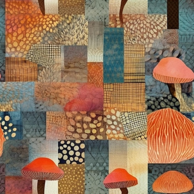 Un gros plan d'une couette de patchwork avec une variété de champignons génératifs ai