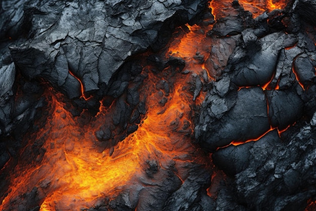 Gros plan d'une coulée de lave du volcan Illustration de l'IA générative