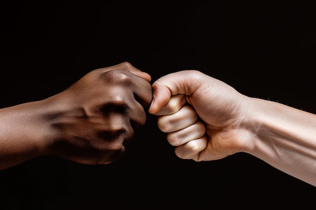 Photo gros plan d'un coup de poing isolé sur fond noir mains et soutien ou collaboration au travail d'équipe