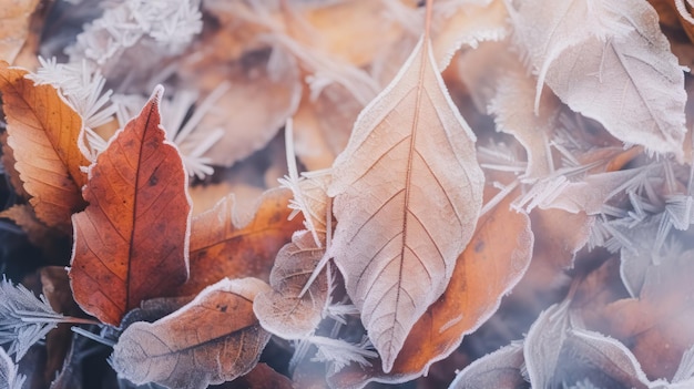 Gros plan couvert de givre feuilles d'automne beau fond scène saisonnière d'hiver gelé par temps froid