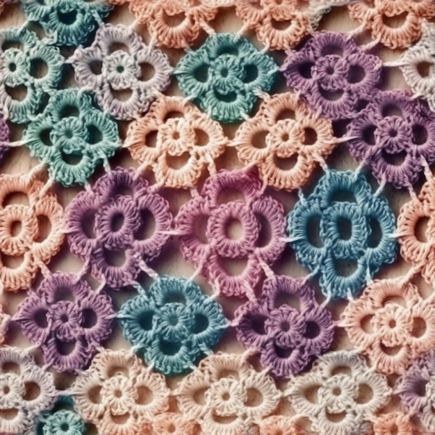 un gros plan d'une couverture au crochet avec de nombreuses fleurs ai générative
