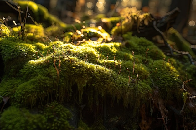 Gros plan d'une couverture de mousse avec la lumière du soleil qui brille à travers la canopée