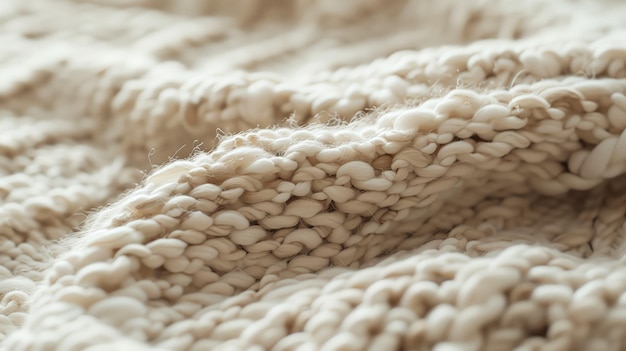 Un gros plan d'une couverture à tricot douce de couleur crème mettant en évidence les textures et les fibres en peluche