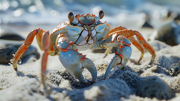 Photo un gros plan d'un crabe coloré sur la plage le crabe a des griffes rouges et bleues vives et se tient sur le sable