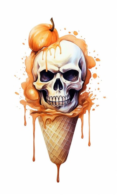 Photo un gros plan d'un crâne avec une citrouille sur le dessus d'un cône de crème glacée