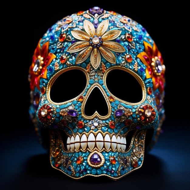 Un gros plan d'un crâne coloré avec une fleur dessus ai générative