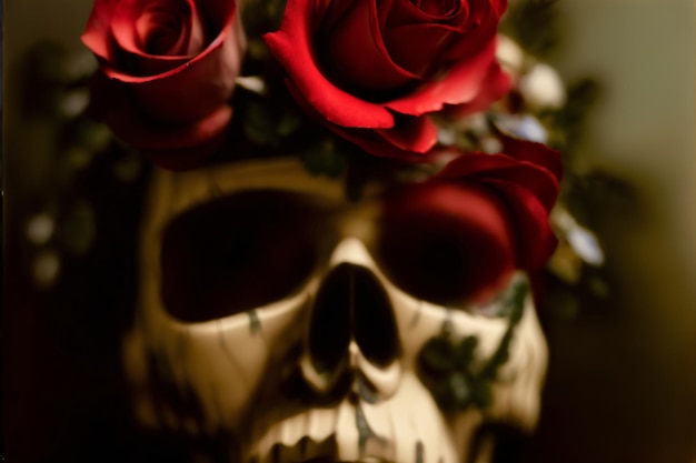 Un gros plan d'un crâne avec des roses dedans