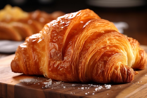 Un gros plan d'un croissant montrant sa texture floconneuse