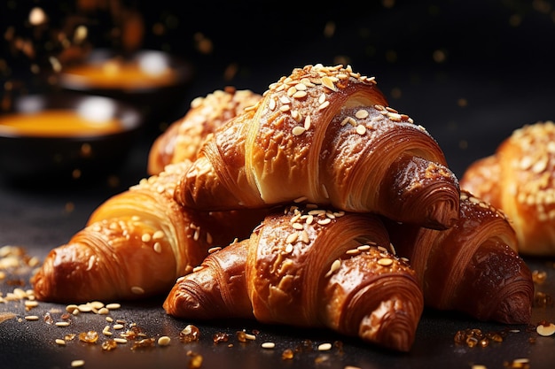 Un gros plan de croissants saupoudrés de graines de sésame