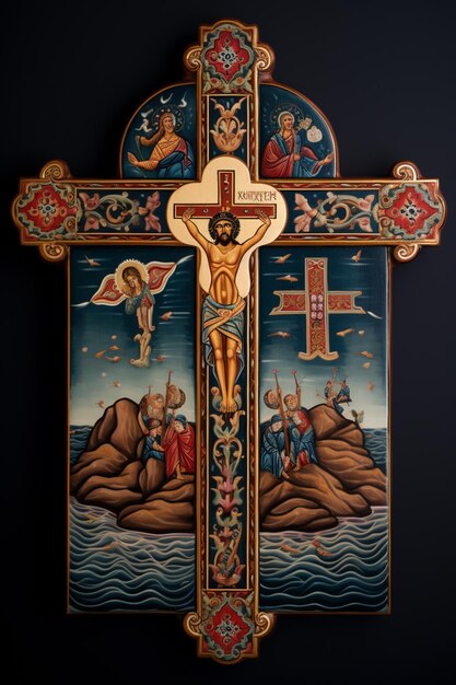 un gros plan d'une croix avec une peinture de Jésus dessus