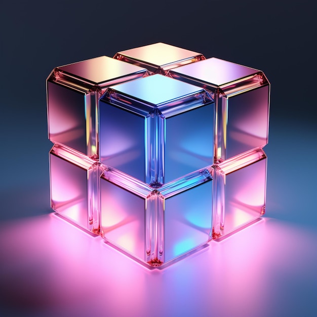 Un gros plan d'un cube rose et bleu avec une lumière sur l'IA générative