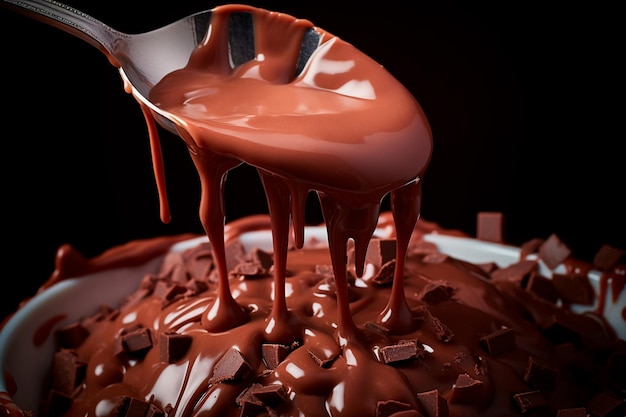 Gros plan sur une cuillère trempée dans du chocolat fondu, une explosion de saveur dans chaque goutte