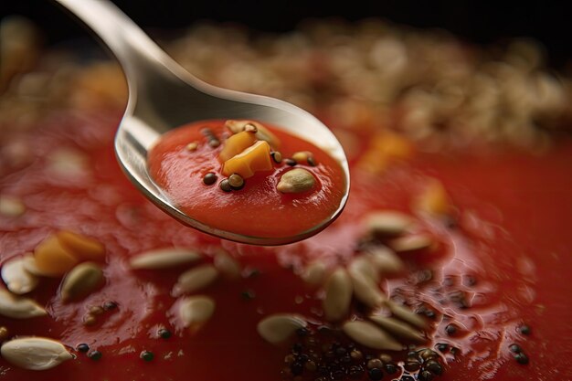 Gros plan d'une cuillerée de gaspacho avec des gouttelettes et des graines visibles