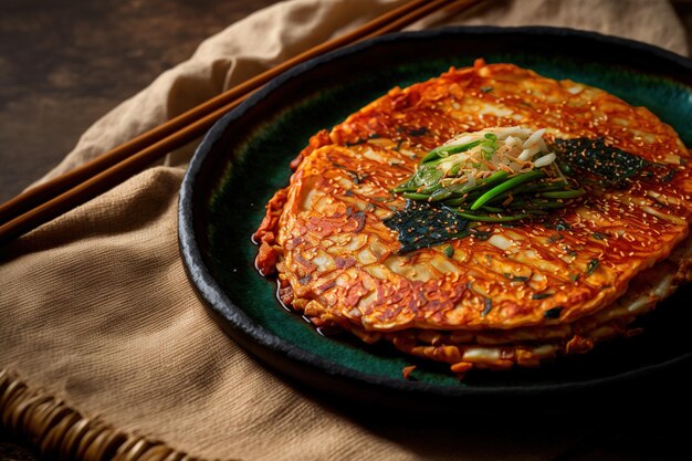 Gros plan de la cuisine sud-coréenne Kimchi Jeon Kimchi Pancake sur un plat rond en céramique avec un chiffon