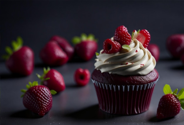 gros plan de cupcake au chocolat avec framboises et glaçage sur fond de thème sombre