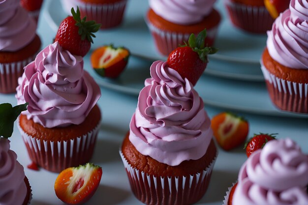 Un gros plan de cupcakes délicieusement décorés parfaitement disposés sur une table Un délice irrésistible pour les yeux et le palais Généré par l'IA