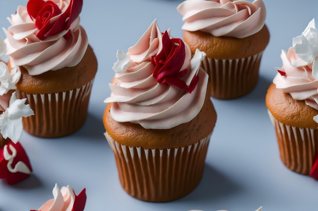 Un gros plan de cupcakes délicieusement décorés parfaitement disposés sur une table un délice irrésistible pour les yeux et le palais généré par l'IA