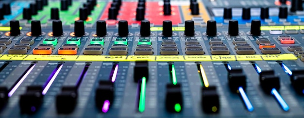 Gros plan des curseurs et des boutons sur la table de mixage audio lors d'un événement en direct