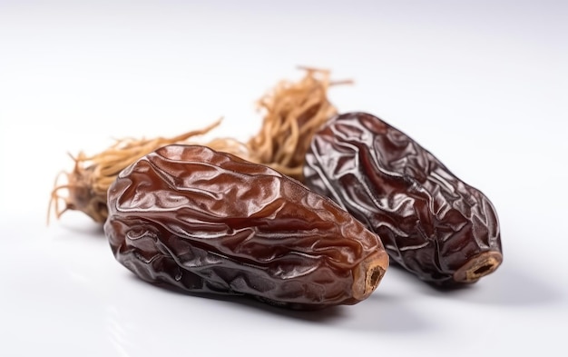 Un gros plan de dattes arabes séchées confites sur un fond blanc snack ingrédient généré par ai