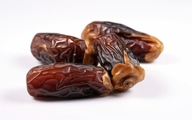 Un gros plan de dattes arabes séchées confites sur un fond blanc snack ingrédient généré par ai