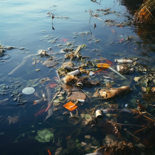 Gros plan de déchets flottant dans un lac pollué