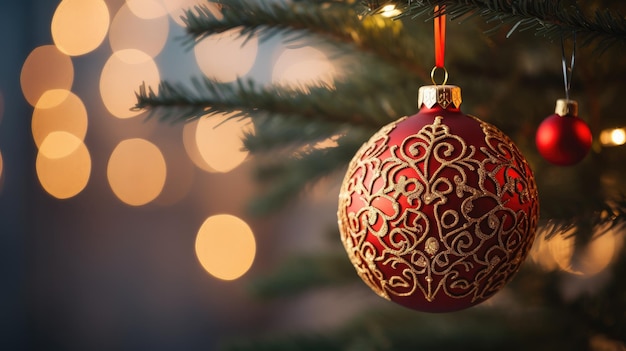 Gros plan d'une décoration de Noël rouge et or sur un arbre
