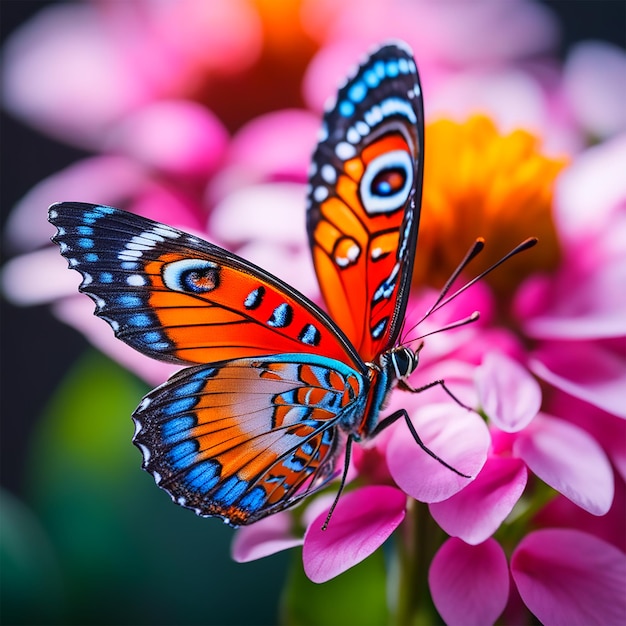 Un gros plan d'un délicat papillon perché sur une fleur en fleur sirotant du nectar capture l'intrigue