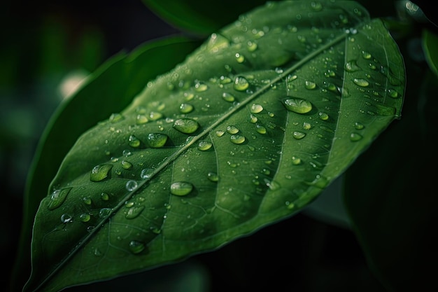 Gros plan d'une délicate feuille verte avec des gouttelettes d'eau scintillant à la lumière