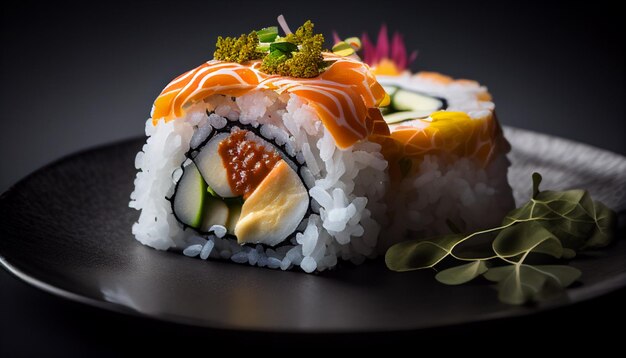 Photo un gros plan d'une délicieuse assiette de sushi générative ai