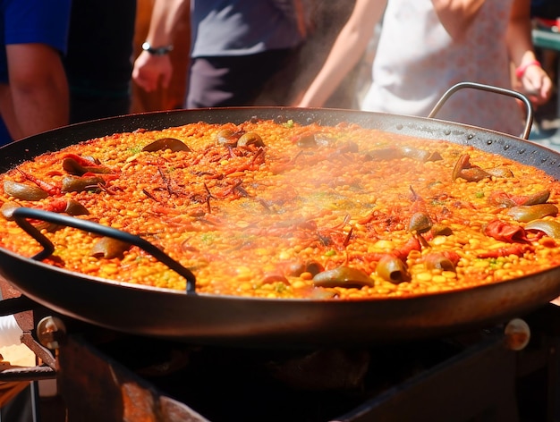 Gros plan d'une délicieuse paella traditionnelle authentique Generative AI