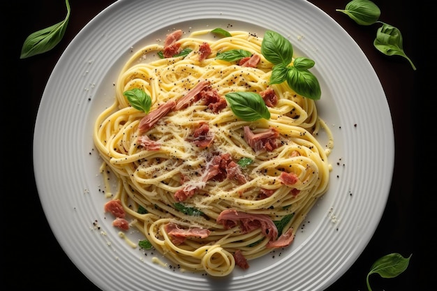 Gros plan de délicieuses pâtes italiennes Spaghetti avec sauce servies sur assiette sur table AI générative