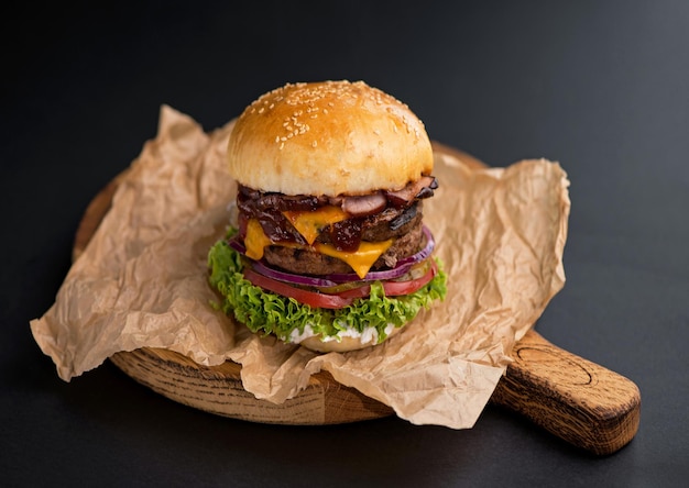 Gros plan d'un délicieux hamburger frais fait maison avec de la laitue, de l'oignon et de la tomate sur une planche de bois rustique sur fond sombre