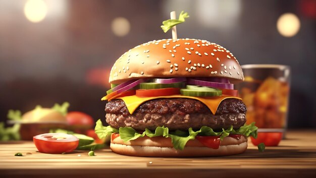 Photo un gros plan d'un délicieux hamburger sur une table en bois illustration de rendu 3d