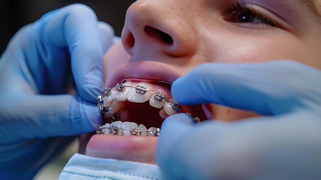 Photo un gros plan d'un dentiste mettant des appareils orthopédiques sur les dents d'un patient le patient est assis dans un fauteuil dentaire avec la bouche grande ouverte