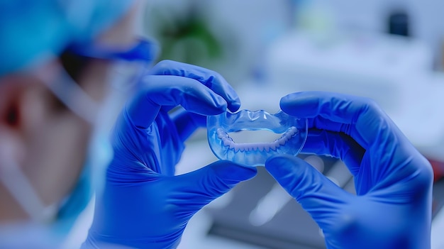 Un gros plan d'un dentiste tenant un aligner clair dans leurs mains gantées