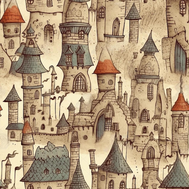 Un gros plan d'un dessin d'un château avec de nombreuses fenêtres
