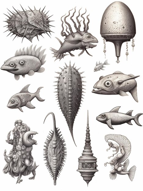 Photo un gros plan d'un dessin de diverses créatures marines générative ai