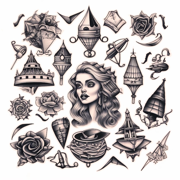 Photo un gros plan d'un dessin d'une femme avec beaucoup de tatouages