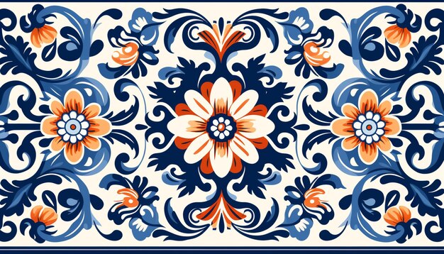 un gros plan d'un dessin floral bleu et orange sur un fond blanc