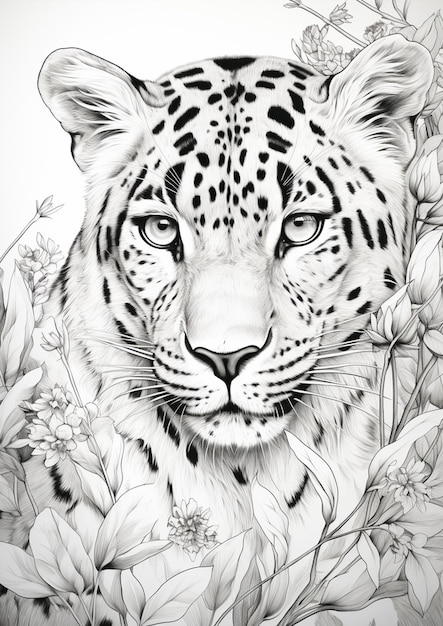 un gros plan d'un dessin d'un léopard dans un champ de fleurs ai générative