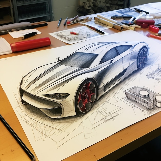 Photo un gros plan d'un dessin d'une voiture de sport sur une table ai générative