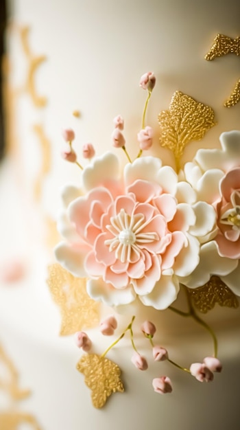 Gros plan détail d'un gâteau de mariage de luxe design haut de gamme exclusif gâteau haut de gamme professionnel joliment décoré comme dessert principal pour une célébration de mariage exquise Generative Ai